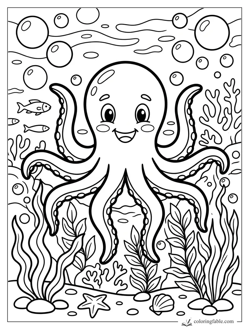 Easy octopus coloring page with smiling face, fish, bubbles, seaweed, coral, starfish, and shell.