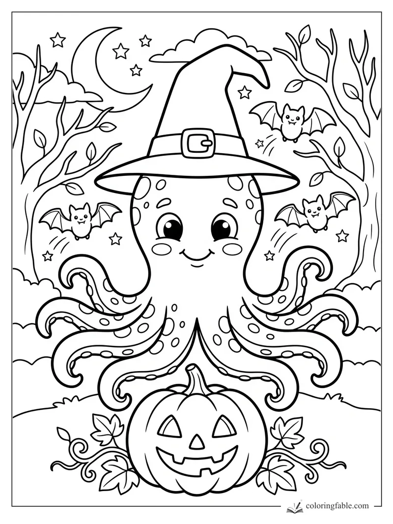 Cartoon octopus in a witch hat above a jack-o'-lantern, bats, moon, stars, and bare trees.