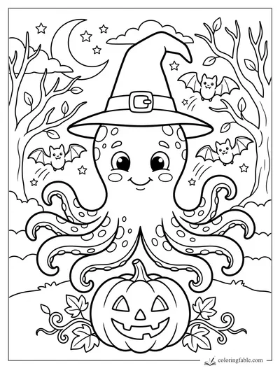 Cartoon octopus in a witch hat above a jack-o'-lantern, bats, moon, stars, and bare trees.