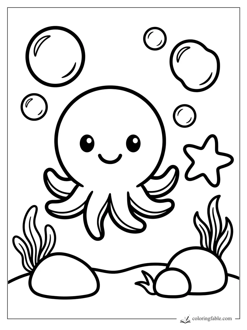 Easy coloring page of a smiling octopus with bubbles, seaweed, rocks, and a starfish.
