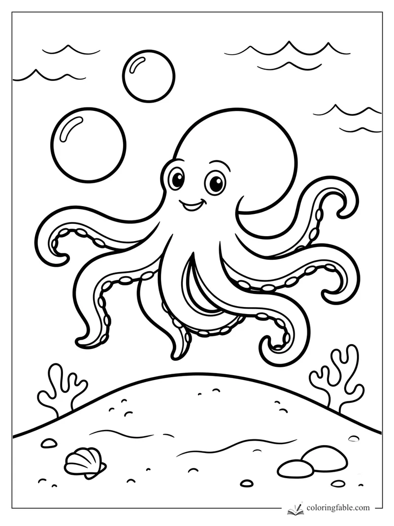 Smiling octopus with curled tentacles, bubbles, coral, shells, and a sandy sea floor.