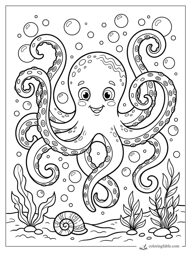 Cartoon octopus smiling among bubbles, seaweed, rocks, and a spiral shell on the ocean floor