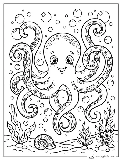 Cartoon octopus smiling among bubbles, seaweed, rocks, and a spiral shell on the ocean floor