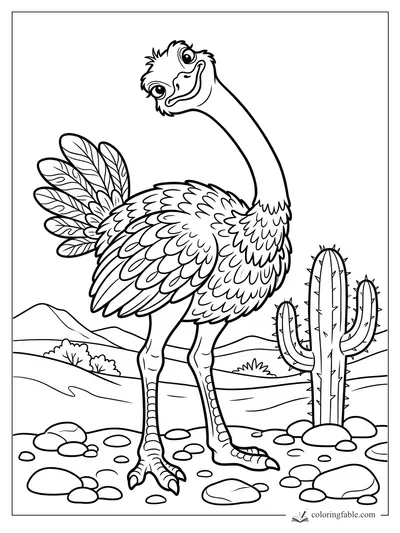 Caricature ostrich smiling beside a tall cactus, rocks, shrubs, and distant desert hills