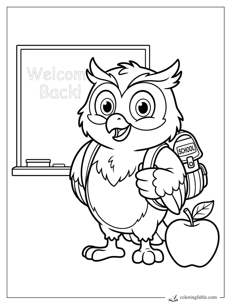 Cartoon owl with backpack by a Welcome Back chalkboard and apple coloring page