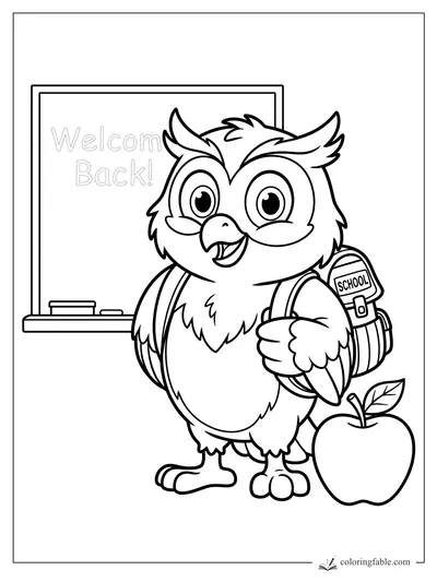 Cartoon owl with backpack by a Welcome Back chalkboard and apple coloring page