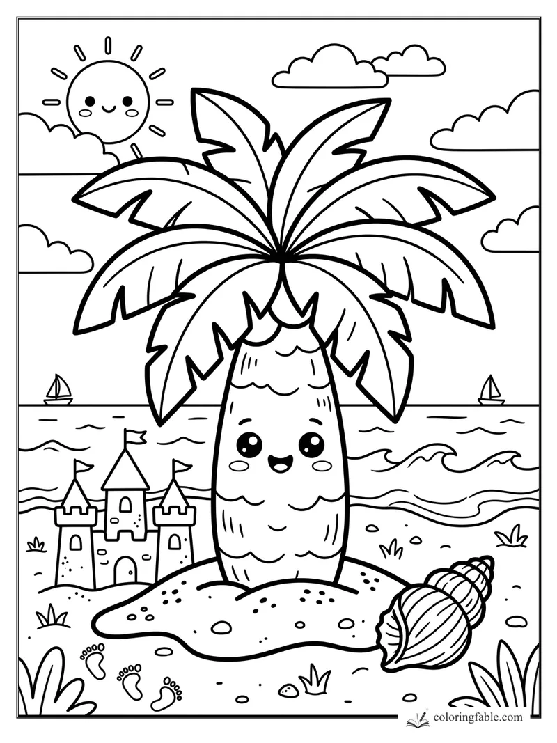 Kawaii palm tree smiling by waves, sandcastle, seashell, boats, clouds, and a cheerful sun.