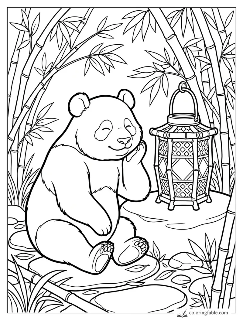 Smiling panda sitting by a hanging bamboo lantern among leafy bamboo stalks
