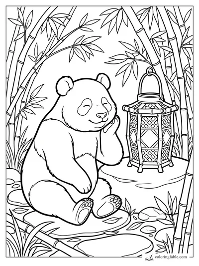 Smiling panda sitting by a hanging bamboo lantern among leafy bamboo stalks