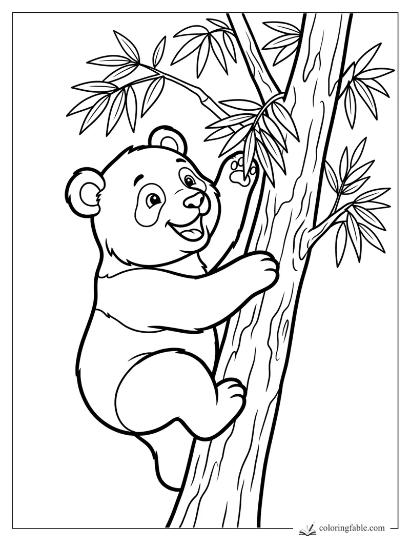 Cartoon panda cub smiling while climbing a bamboo trunk with leafy branches