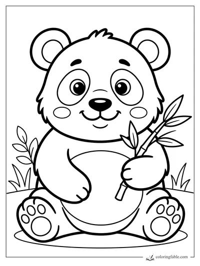 Cute sticker-style panda sitting with bamboo, big round ears, paw pads, grass, and leafy sprouts.