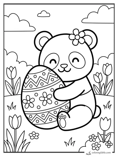 Kawaii panda hugging a decorated egg in a tulip garden with clouds