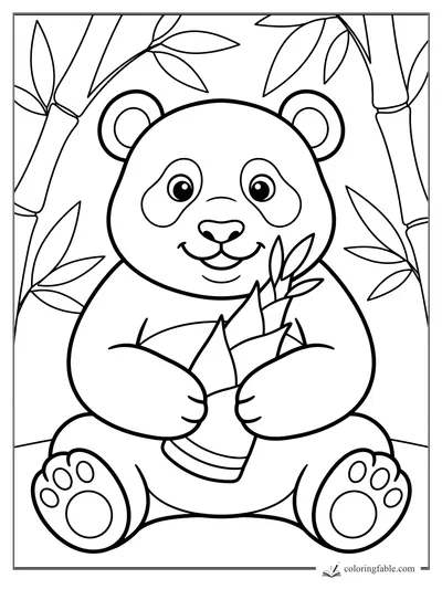 Smiling panda cub sitting with bamboo leaves, round paws, and tall bamboo stalks for easy coloring