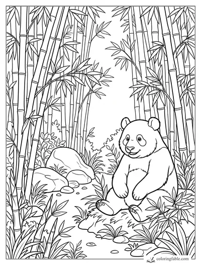 Smiling panda sitting among tall bamboo, leafy branches, rocks, and grasses in a forest clearing
