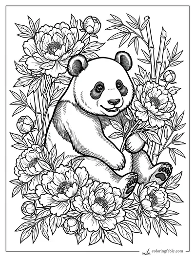 Intricate floral panda coloring page with peonies, bamboo stalks, leafy branches, and a smiling seated panda.