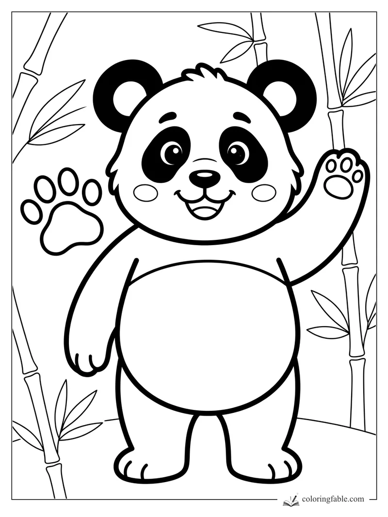 Easy panda coloring page with a smiling cub waving among bamboo stalks and leaves