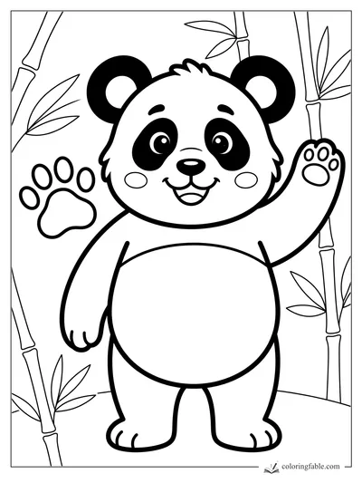 Easy panda coloring page with a smiling cub waving among bamboo stalks and leaves