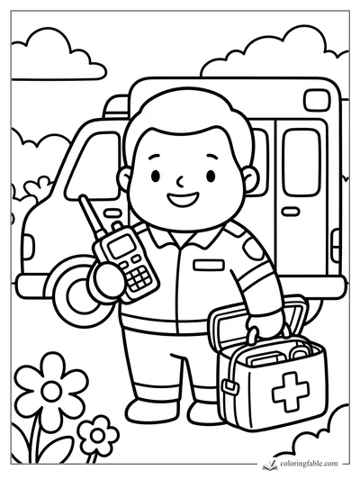 Smiling paramedic holding a radio and medical bag in front of an ambulance with flowers and clouds