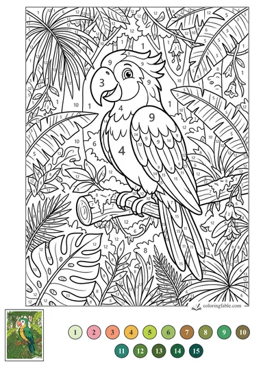 Smiling Parrot in a Jungle Canopy — color by number