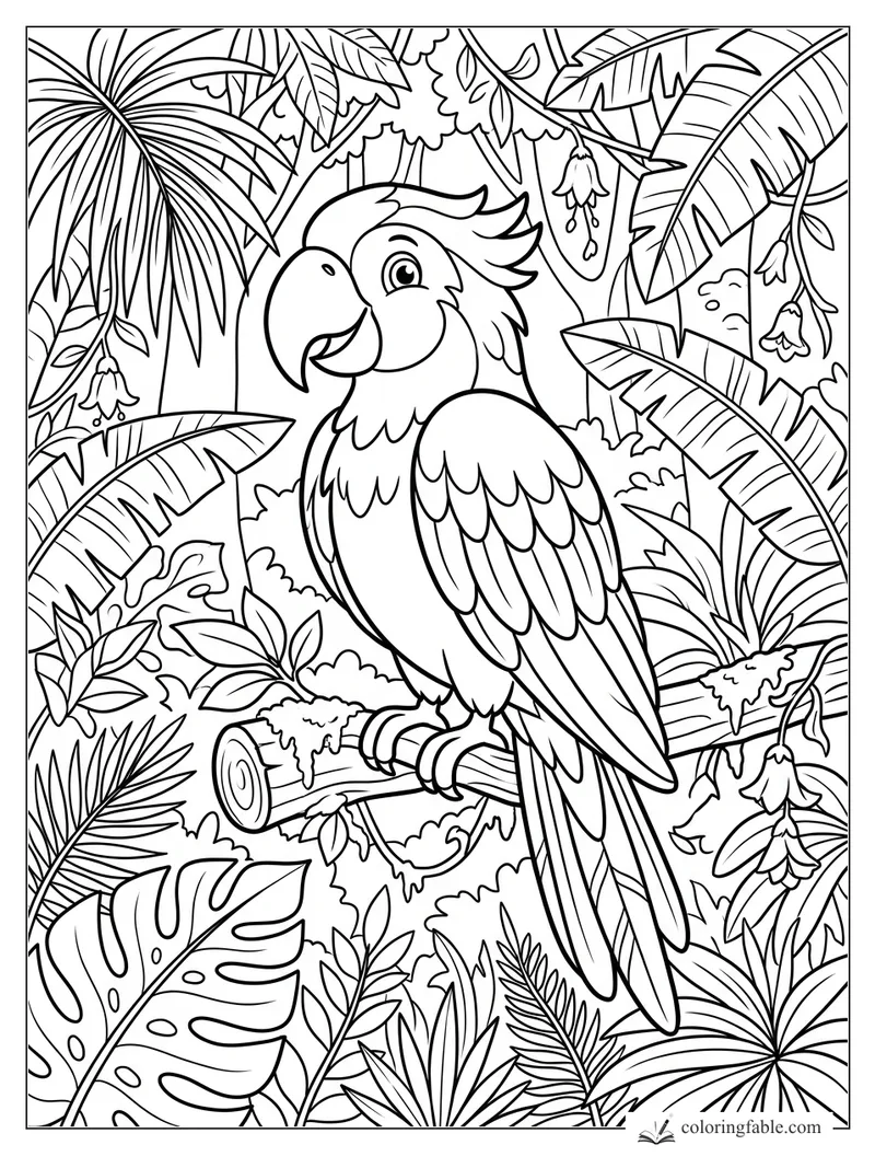 Cartoon parrot perched on a branch among banana leaves, palm fronds, vines, and hanging tropical flowers.