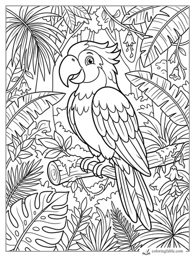 Cartoon parrot perched on a branch among banana leaves, palm fronds, vines, and hanging tropical flowers.