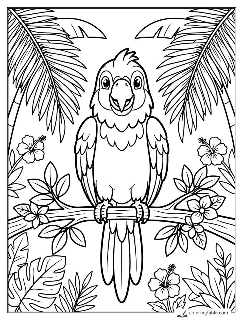 Smiling parrot perched on a branch with palm fronds, hibiscus flowers, and jungle leaves.