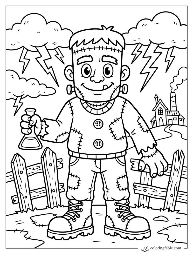 Cartoon Frankenstein monster holding a flask by a broken fence, with lightning clouds and a spooky house.