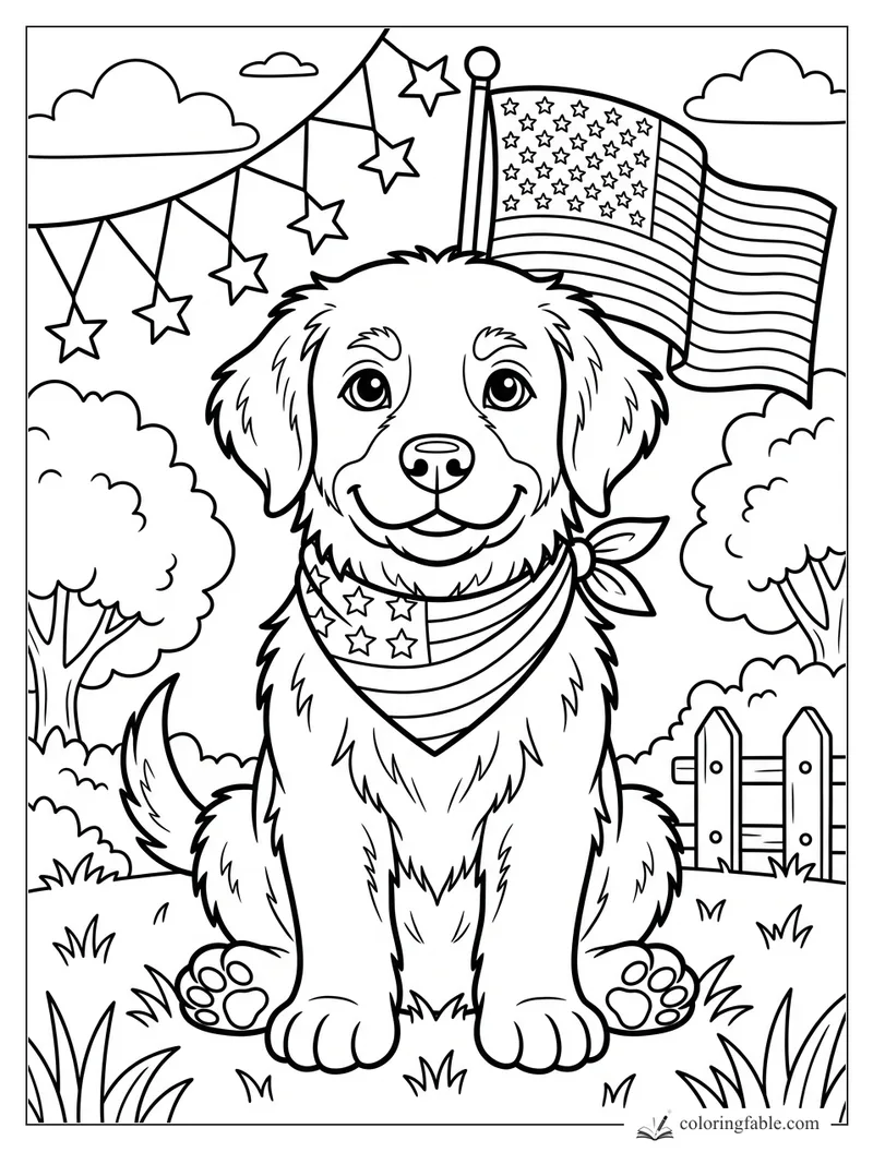 Cartoon puppy wearing a stars-and-stripes bandana with a flag, star garland, trees, fence, and grass.
