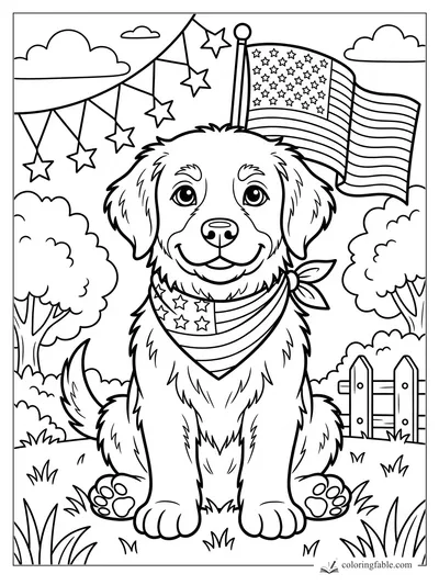 Cartoon puppy wearing a stars-and-stripes bandana with a flag, star garland, trees, fence, and grass.