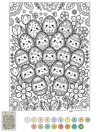 Smiling Patterned Eggs in a Flower Garden — color by number
