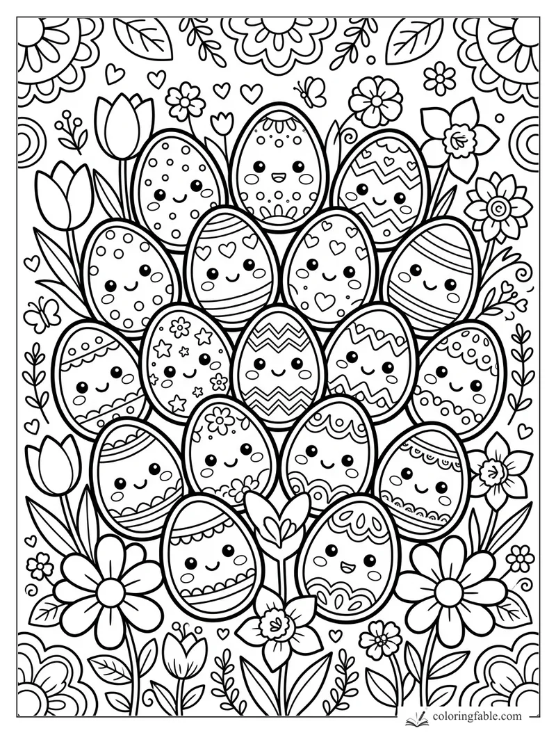 Kawaii patterned eggs with smiling faces nestled among tulips, daisies, hearts, leaves, and butterflies.
