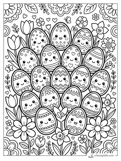 Kawaii patterned eggs with smiling faces nestled among tulips, daisies, hearts, leaves, and butterflies.