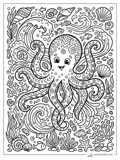 Doodle octopus with patterned tentacles, waves, fish, shells, starfish, coral, bubbles, and seaweed.