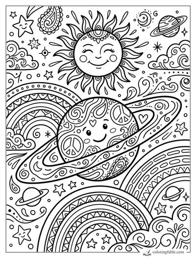 Boho groovy planet with peace signs, hearts, ring, smiling sun, rainbows, clouds, stars, and moons.
