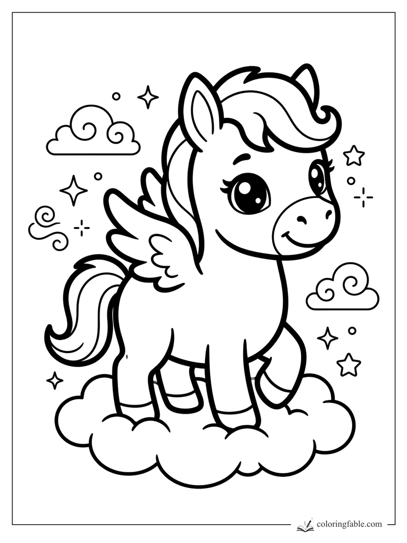 Kawaii winged horse smiling on a cloud with stars, swirls, and tiny sky puffs