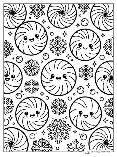 Kawaii peppermint candies with smiling faces, snowflakes, bubbles, and sparkle stars.