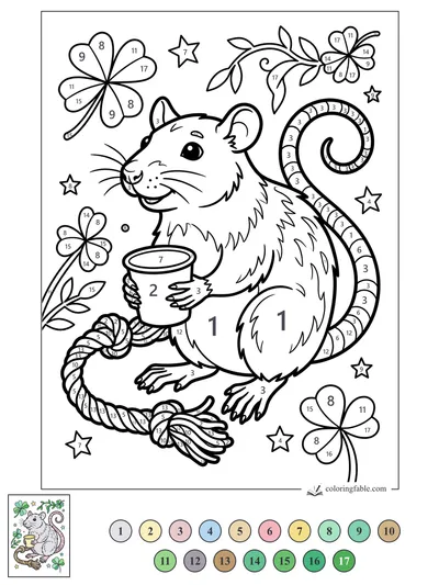 Smiling Pet Rat With Cup and Clover Sprigs — color by number
