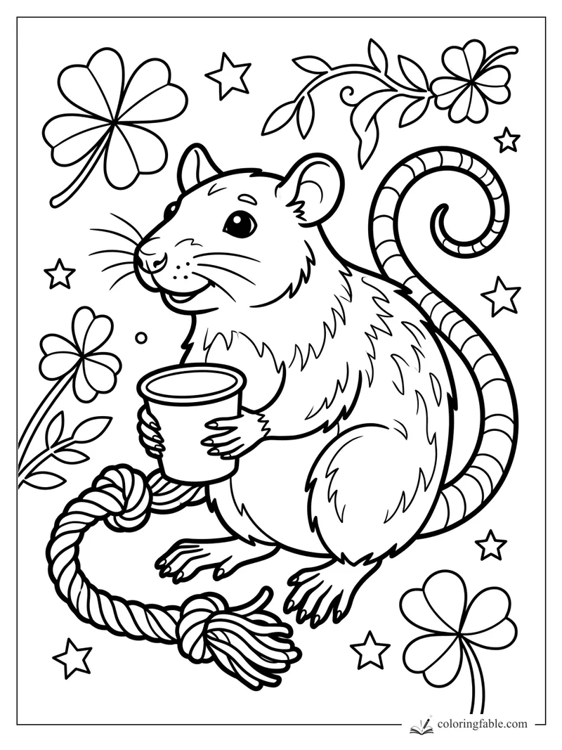 Smiling pet rat holding a cup beside rope, clovers, leafy vine, and stars