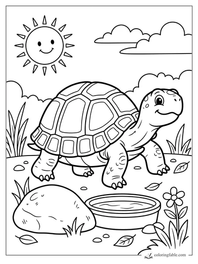 Cartoon pet tortoise smiling near a water dish, rock, flower, grass, leaves, sun, and clouds.