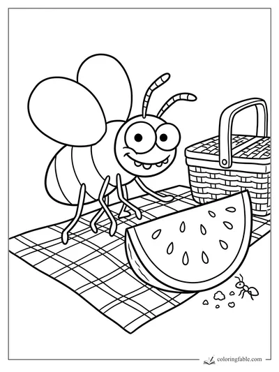 Cartoon picnic bug beside a watermelon slice, woven basket, checkered blanket, and tiny ant with crumbs