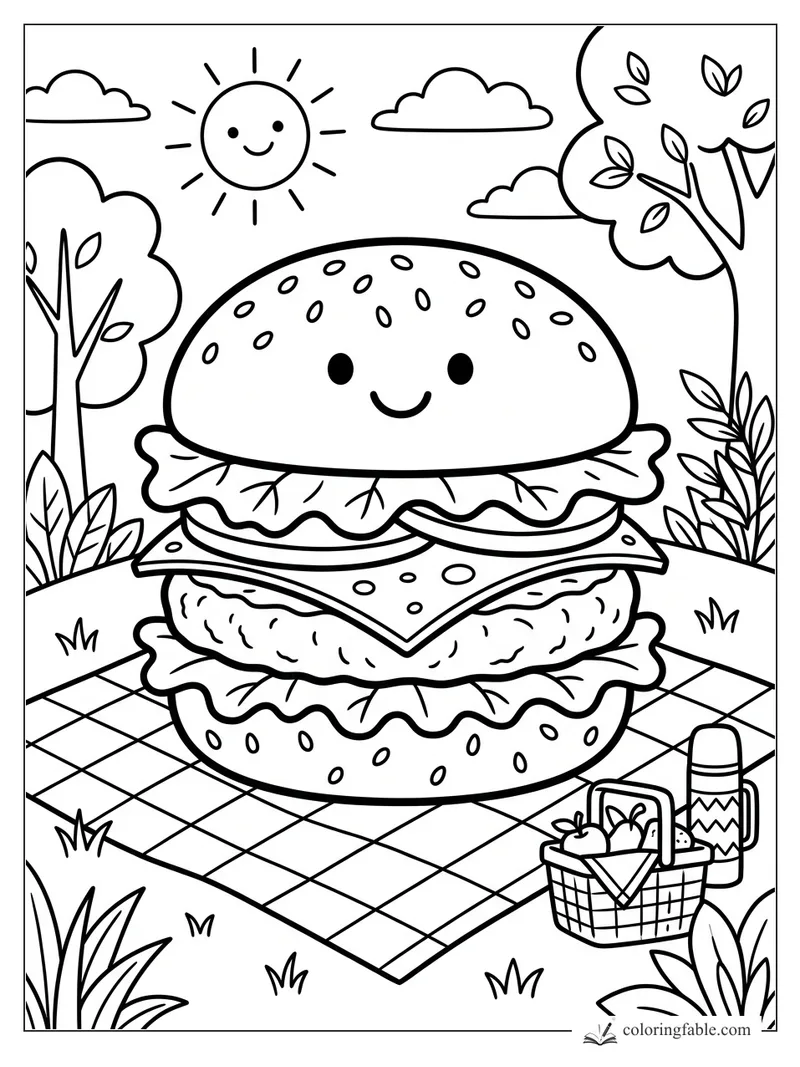 Cartoon picnic burger with sesame bun, lettuce, cheese, sunny sky, trees, basket, and thermos.