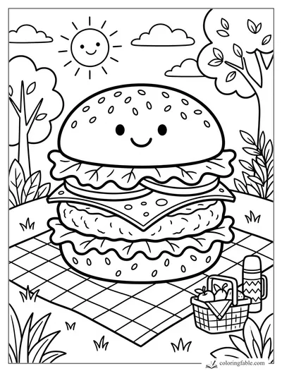 Cartoon picnic burger with sesame bun, lettuce, cheese, sunny sky, trees, basket, and thermos.