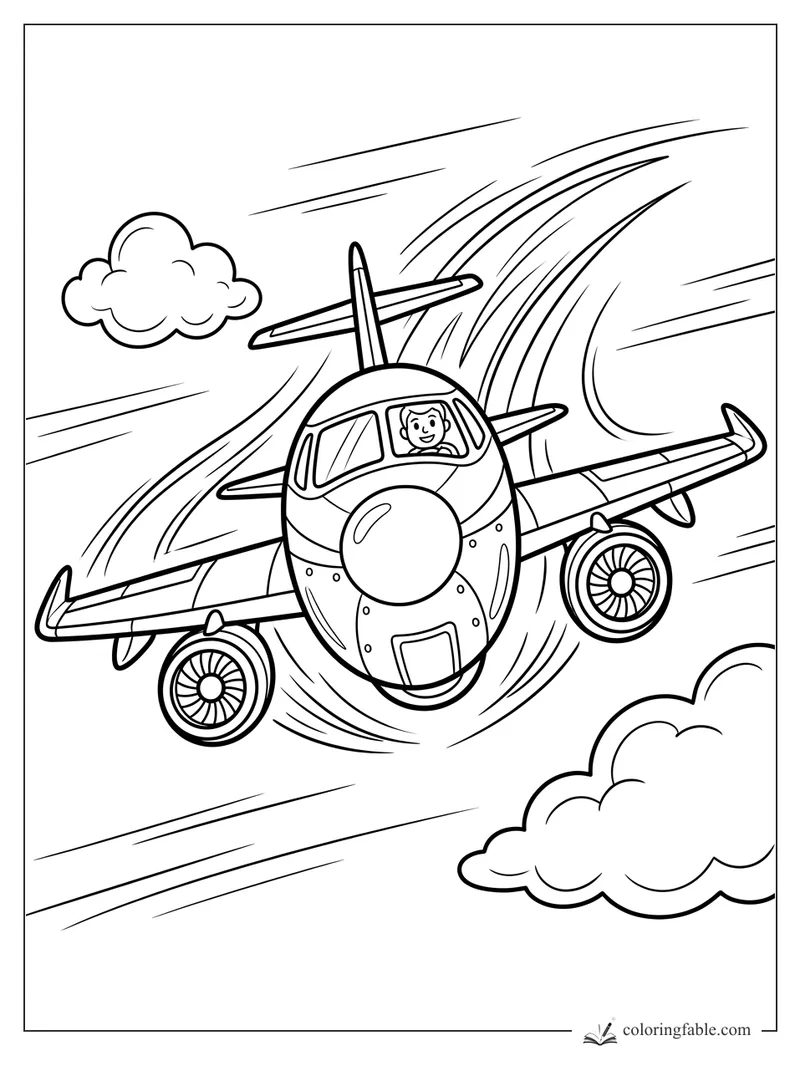 Cartoon jet airplane banking through clouds with a smiling pilot in the cockpit