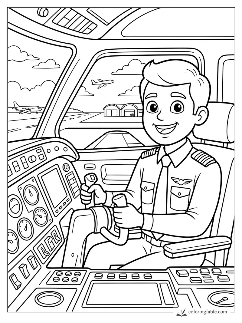 Cartoon pilot smiling in an airplane cockpit with controls, runway, hangars, and planes outside.