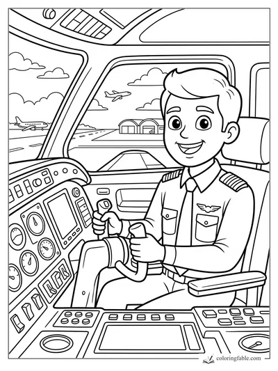 Cartoon pilot smiling in an airplane cockpit with controls, runway, hangars, and planes outside.