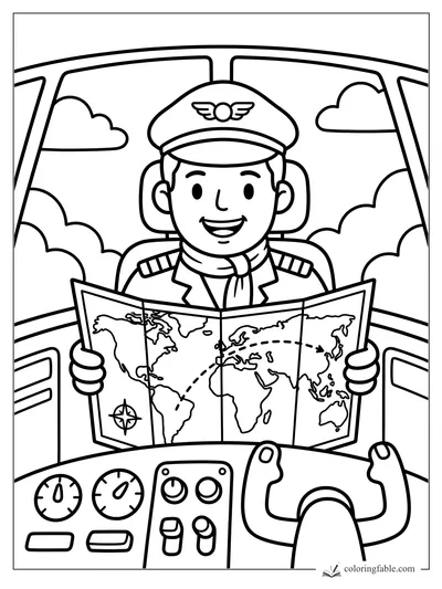 Smiling airplane pilot in cockpit holding a world map with clouds outside the windows