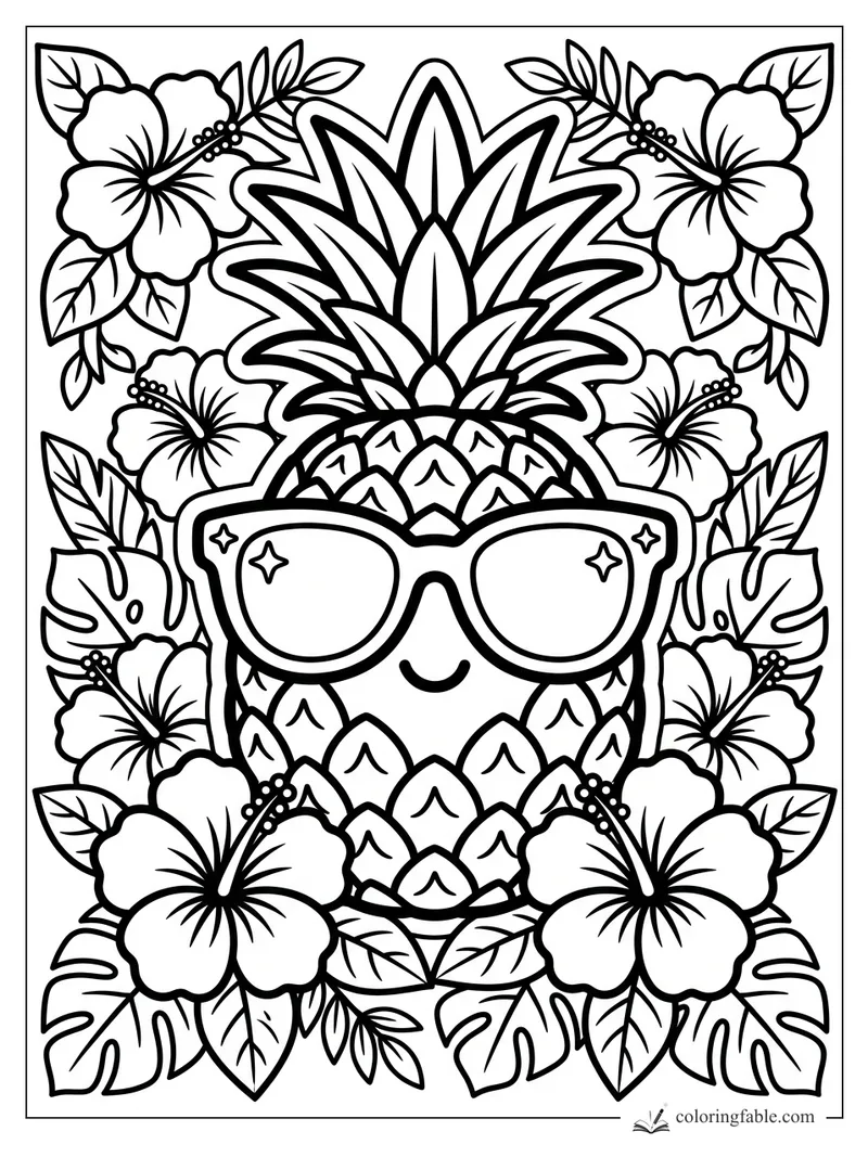 Smiling pineapple wearing sunglasses, framed by hibiscus flowers and tropical leaves.