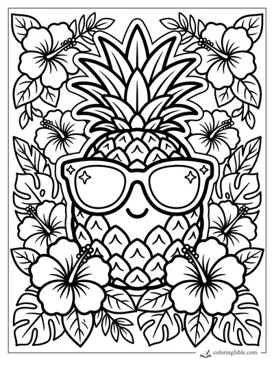 Smiling pineapple wearing sunglasses, framed by hibiscus flowers and tropical leaves.