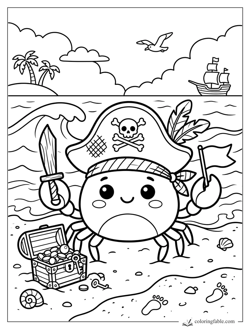 Kawaii pirate crab with sword, flag, treasure chest, waves, ship, palm trees, gull, and footprints on beach