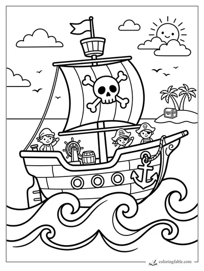 Easy pirate ship coloring page with three kids, skull sail, anchor, waves, island chest, and smiling sun